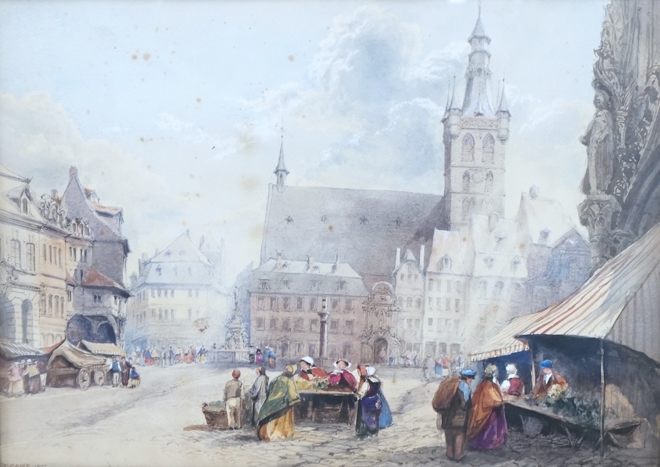 Thomas Cane (1830-1905), watercolour, The market square in Trier, Germany, signed and dated to the lower left corner 1872, 41cm x 56cm, in a late 19th century gilt frame